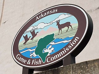 An Arkansas Game and Fish Commission sign in downtown Little Rock is shown in this 2019 file photo.
(File Photo/Arkansas Democrat-Gazette)